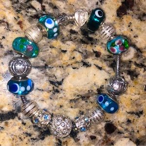 PANDORA .925 Sterling Silver Full Charm Snake Chain Bracelet With 16 Charms Blue